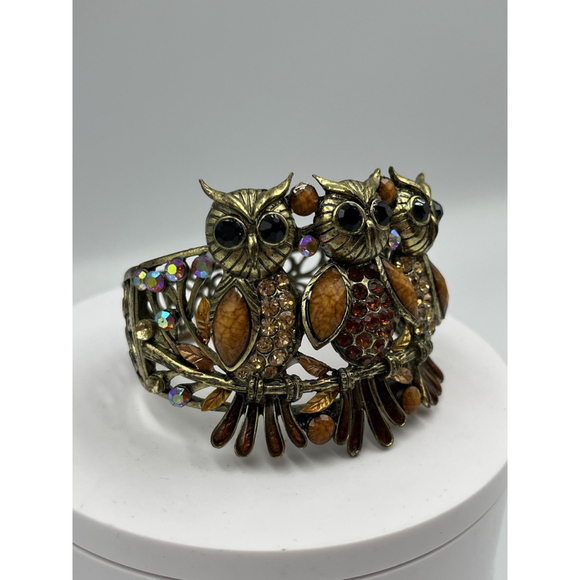 Vintage Owl Gold Tone Cuff Clamper Bangle Bracelet HANDMADE VTG SEE ALL - Picture 3 of 16